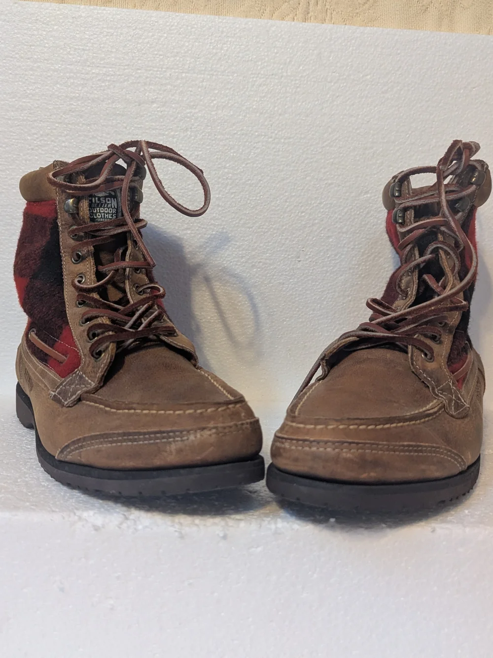 Sebago Brown Leather Boots with Red Plaid Panels